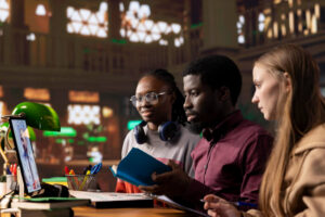 Diverse group of university students studying together in a library, using books, video conferencing, and digital tools for collaborative learning.