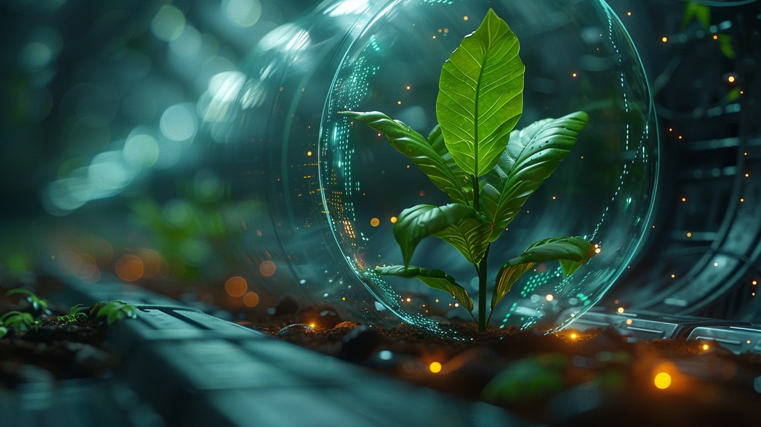 A small green plant with broad leaves growing inside a transparent spherical container, surrounded by soil and rocks. The futuristic setting features soft ambient lighting and glowing elements, suggesting themes of sustainability and scientific innovation. Represents green tech