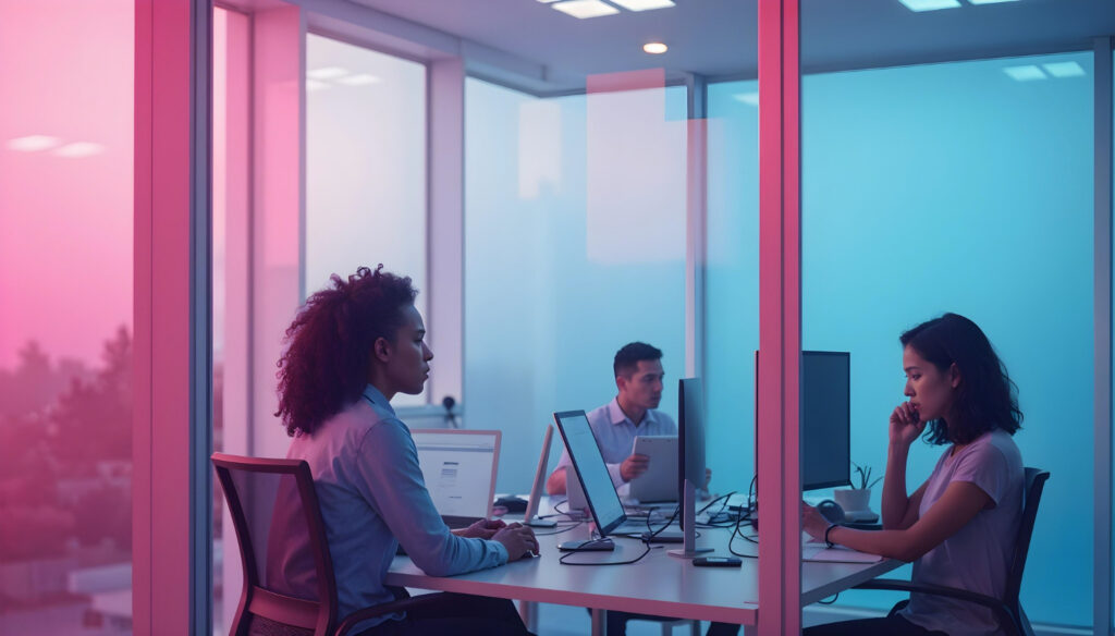 Three people working at desks with computers in a modern office with large windows. The room is illuminated with pink and blue lighting.