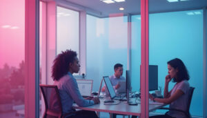 Three people working at desks with computers in a modern office with large windows. The room is illuminated with pink and blue lighting.
