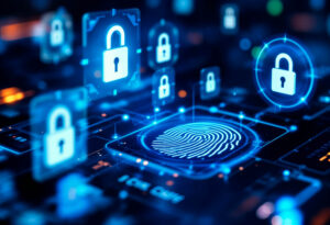 Digital illustration of cybersecurity featuring a glowing blue fingerprint at the center, symbolizing biometric authentication. Surrounding it are padlock icons within digital frames, representing secure access and encryption. The background includes circuit-like patterns and interface elements, evoking a high-tech, data protection environment.