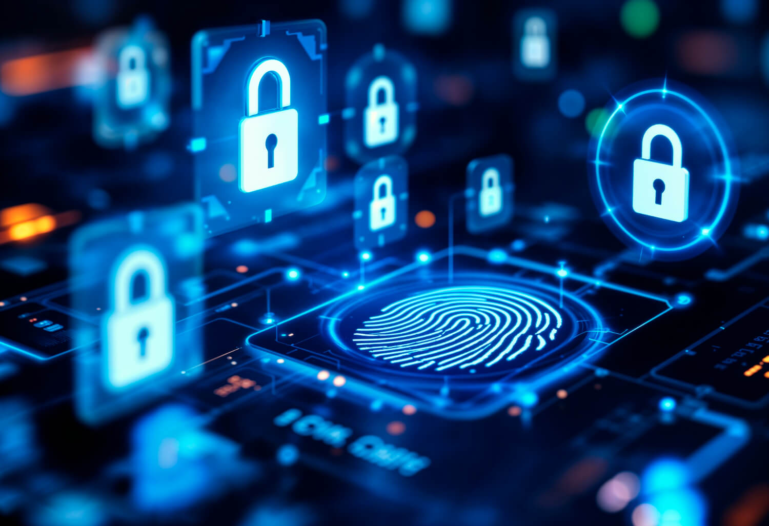 Digital illustration of cybersecurity featuring a glowing blue fingerprint at the center, symbolizing biometric authentication. Surrounding it are padlock icons within digital frames, representing secure access and encryption. The background includes circuit-like patterns and interface elements, evoking a high-tech, data protection environment.