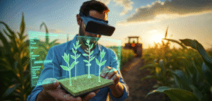 A person stands in a cornfield at sunset wearing a VR headset, holding a platform with a holographic display showing plant growth stages and agricultural data. A tractor is visible in the background, highlighting the use of advanced technology in farming.