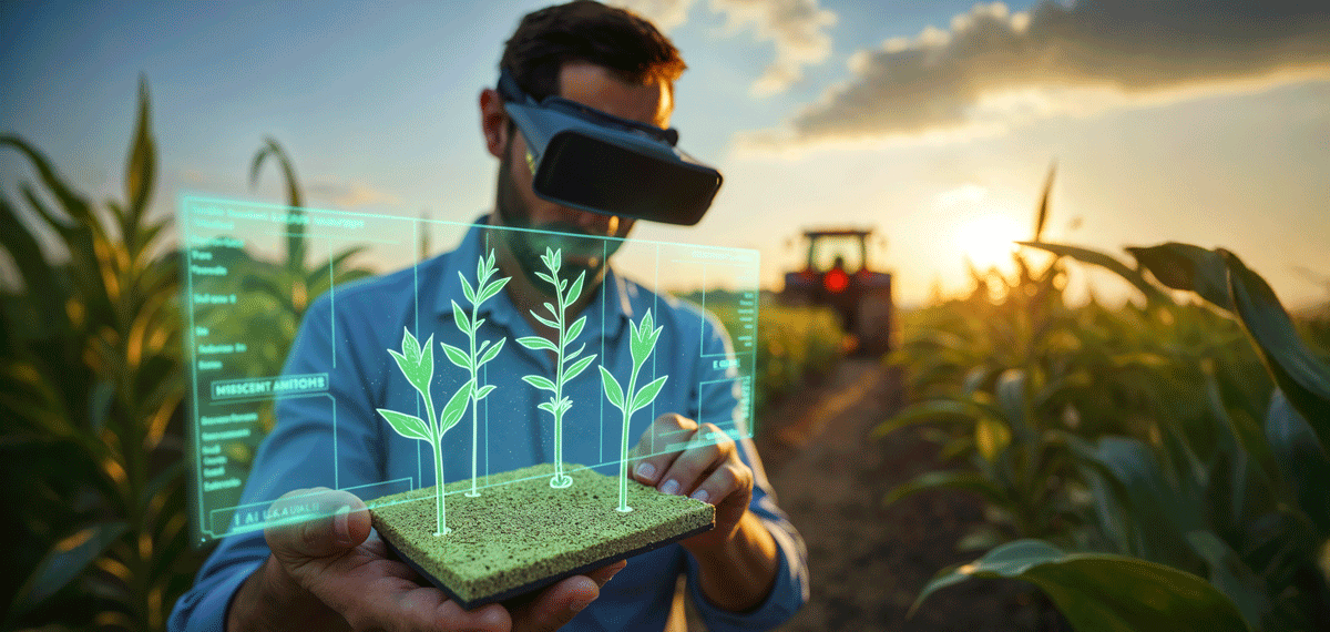 A person stands in a cornfield at sunset wearing a VR headset, holding a platform with a holographic display showing plant growth stages and agricultural data. A tractor is visible in the background, highlighting the use of advanced technology in farming.