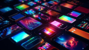 A grid of smartphones and smartwatches displayed on a dark surface, each screen glowing with colorful wallpapers, app icons, and interface designs. The vibrant screens create a futuristic, neon-lit atmosphere, showcasing the diversity of modern mobile devices.