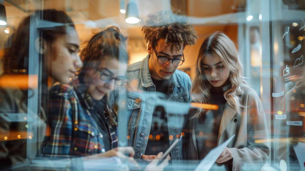 Four students standing together indoors, focused on printed documents and a smartphone as they collaborate on a project; warm lighting and glass reflections suggest a modern study or campus space. Students are receiving quality education.