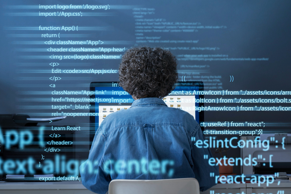 Person with curly hair sits at a desk, viewed from behind, working on a computer with code overlaid on the image. The code includes JavaScript and JSX, suggesting React development. A second monitor and office supplies are visible, evoking a modern software developer’s workspace.