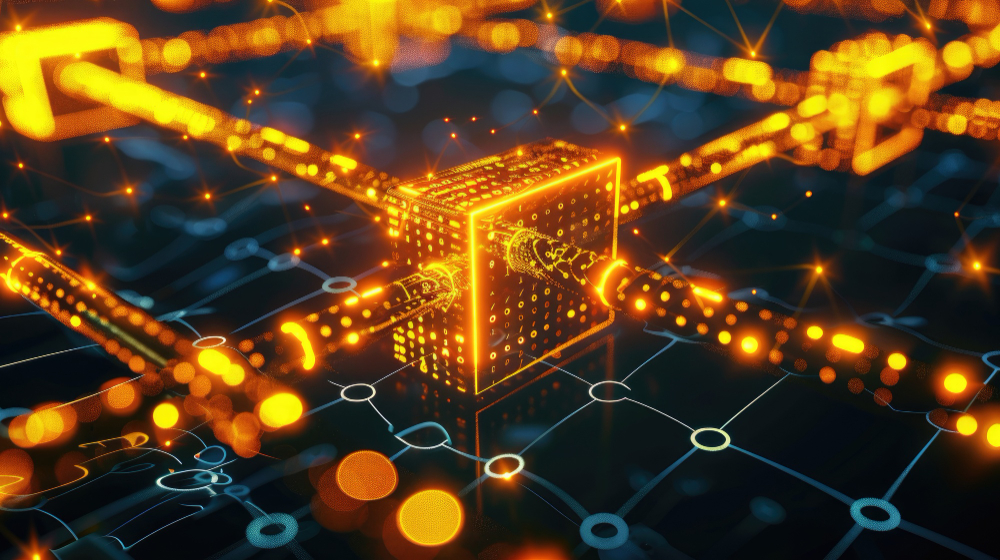 A glowing central cube radiates bright orange and yellow light, surrounded by interconnected data channels forming a grid-like network. Binary code and illuminated nodes suggest a futuristic digital infrastructure, representing concepts like blockchain, data flow, or cybersecurity. The background is dark, enhancing the high-tech, conceptual aesthetic.
