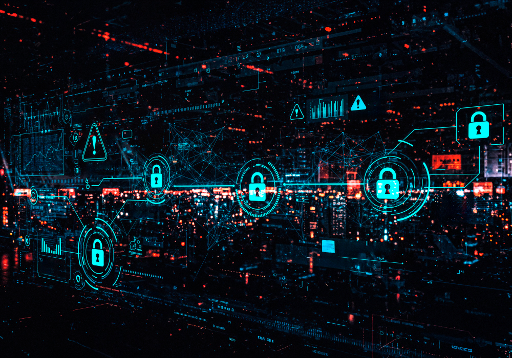 A digital illustration of cybersecurity and data protection, featuring glowing blue padlock icons, warning symbols, and network connections overlaid on a nighttime cityscape. The interconnected lines and data graphs represent digital infrastructure, highlighting themes of secure systems and potential cyber threats.