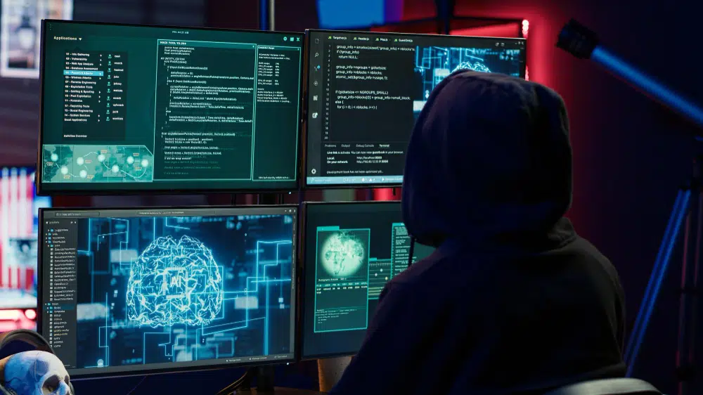 A person in a hooded sweatshirt sits in a dim, blue‑and‑red lit room facing multiple monitors displaying code, system diagrams, and a glowing digital brain graphic. A telescope stands in the background and a skull model rests on the desk, creating a high‑tech cybersecurity or AI research atmosphere.