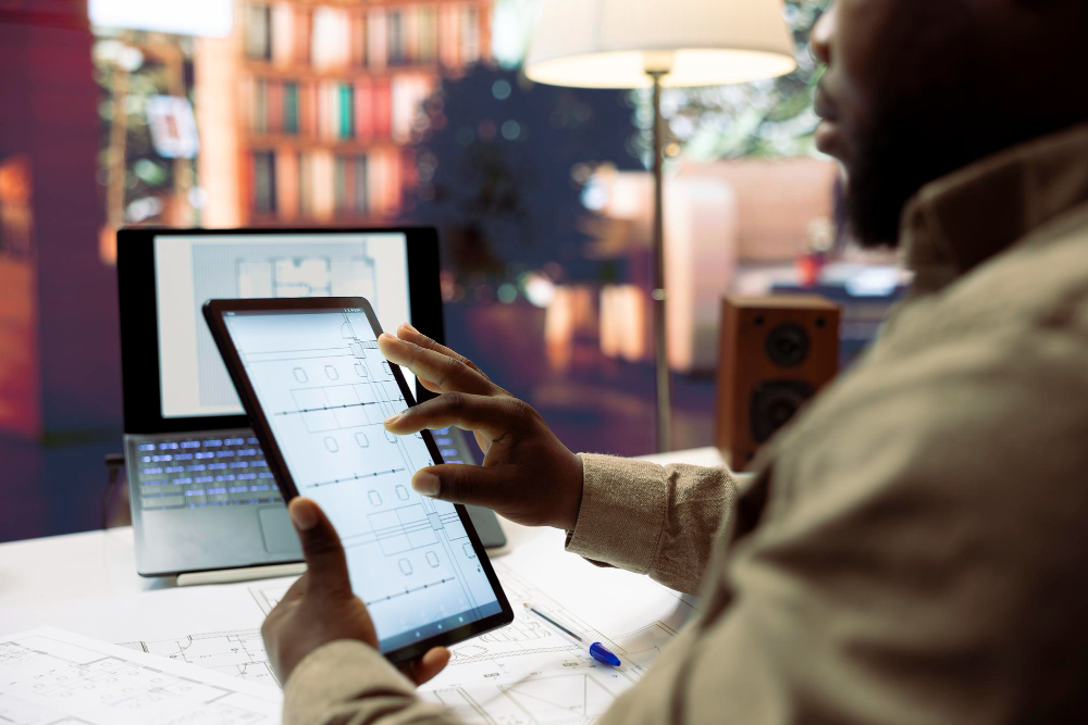 A person reviewing architectural or engineering blueprints at a desk, holding a tablet displaying a technical floor plan while a laptop in the background shows a similar drawing. Printed plans and a pen lie on the workspace, suggesting active design or planning work in a modern office setting