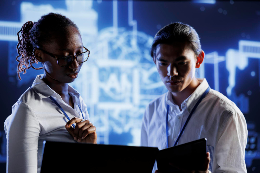 Two people wearing white shirts and lanyards stand together, examining their devices while a large blue digital schematic glows on the screen behind them, creating a focused, high‑tech workspace.