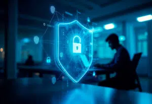 A glowing blue digital shield with a padlock icon at its center, surrounded by binary code, fingerprint graphics, and network nodes, with a person working at a computer in a dimly lit office in the background, representing cybersecurity and data protection