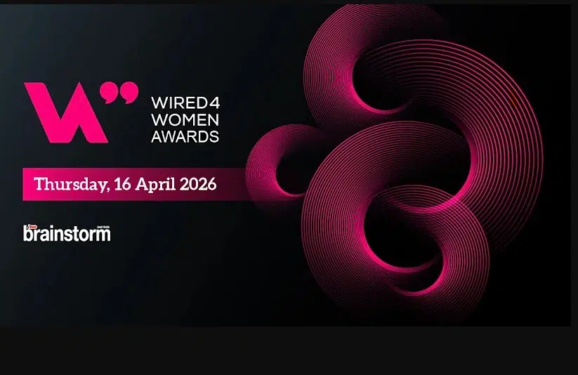 Promotional graphic for the WIRED4WOMEN Awards featuring swirling magenta circular lines on a dark background. Bold white and magenta text announces the event date, Thursday 16 April 2026. The Brainstorm by ITWeb logo appears in the lower left corner.