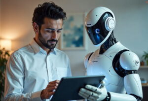 A man in a white shirt stands beside a humanoid robot with white and black casing and glowing blue accents. Both are looking at a tablet the man is holding, suggesting human–AI collaboration in a modern indoor setting.