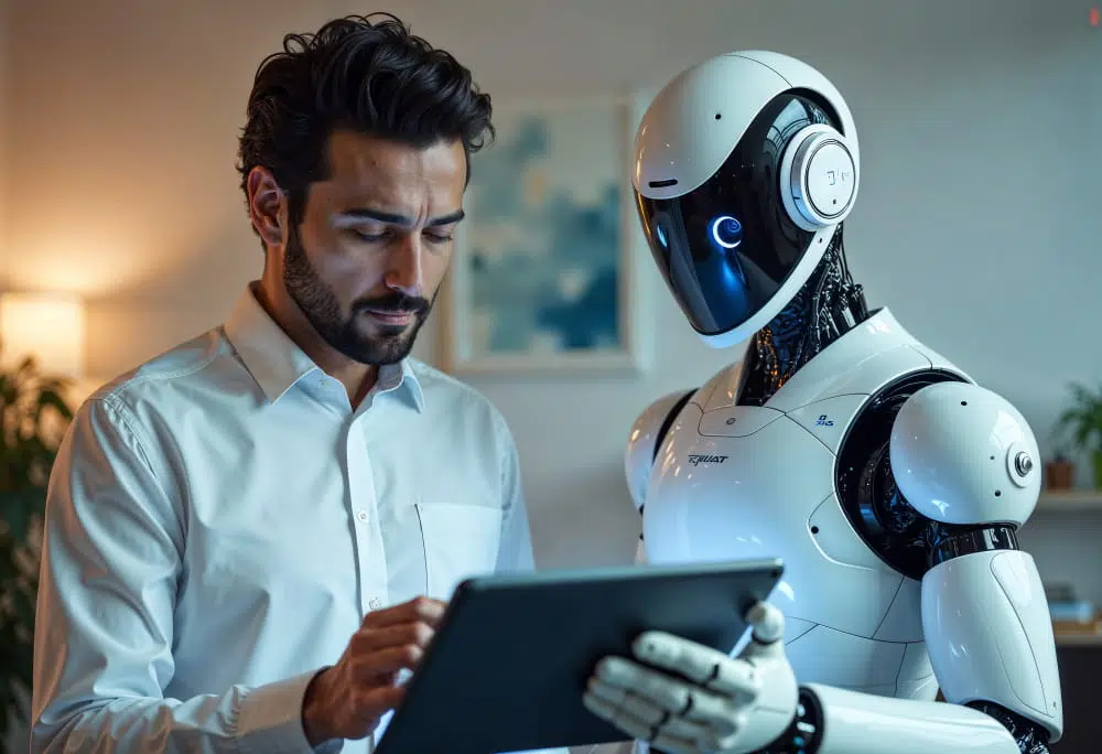 A man in a white shirt stands beside a humanoid robot with white and black casing and glowing blue accents. Both are looking at a tablet the man is holding, suggesting human–AI collaboration in a modern indoor setting.