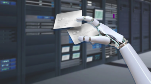 Robot hand holding two credit cards in a data center with server racks in the background.