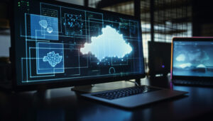A dual‑screen workspace showing a glowing cloud‑computing graphic on both a desktop monitor and a laptop. The illuminated cloud icon is surrounded by geometric frames and data points, suggesting cloud storage, cybersecurity, or digital network architecture in a modern tech environment.
