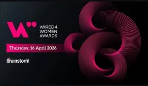 A dark, modern event poster featuring two large pink concentric circular patterns on opposite sides. Centred text reads “WIRED4 WOMEN AWARDS” with the date “Thursday, 16 April 2026” below. The “brainstorm” logo appears at the bottom.