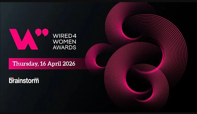 A dark, modern event poster featuring two large pink concentric circular patterns on opposite sides. Centred text reads “WIRED4 WOMEN AWARDS” with the date “Thursday, 16 April 2026” below. The “brainstorm” logo appears at the bottom.