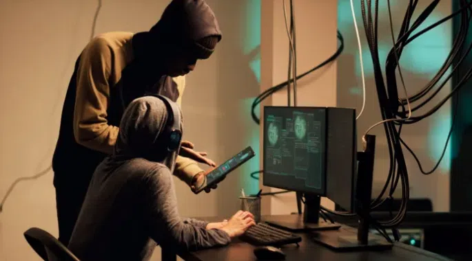 Two people in hooded sweatshirts work in a dimly lit room filled with computer equipment. One sits at a desk typing on a keyboard while looking at a monitor displaying code and facial‑recognition data. The other stands beside them holding a tablet. Cables and a drink are visible on the desk, creating a scene suggestive of cybersecurity or hacking activity.