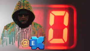 A digital illustration showing a hooded figure with multicoloured code patterns symbolising a cyber threat, alongside icons for email and Microsoft Exchange, with a large red digital “0” on the right representing cybersecurity risk or vulnerability.