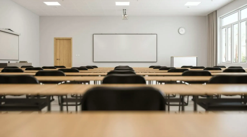 A clean, modern classroom with rows of wooden desks and black chairs facing a large whiteboard. A ceiling‑mounted projector hangs above the centre of the room, and large windows on the right let in natural light. A clock and a small podium are positioned at the front, and a wooden door is on the left wall.