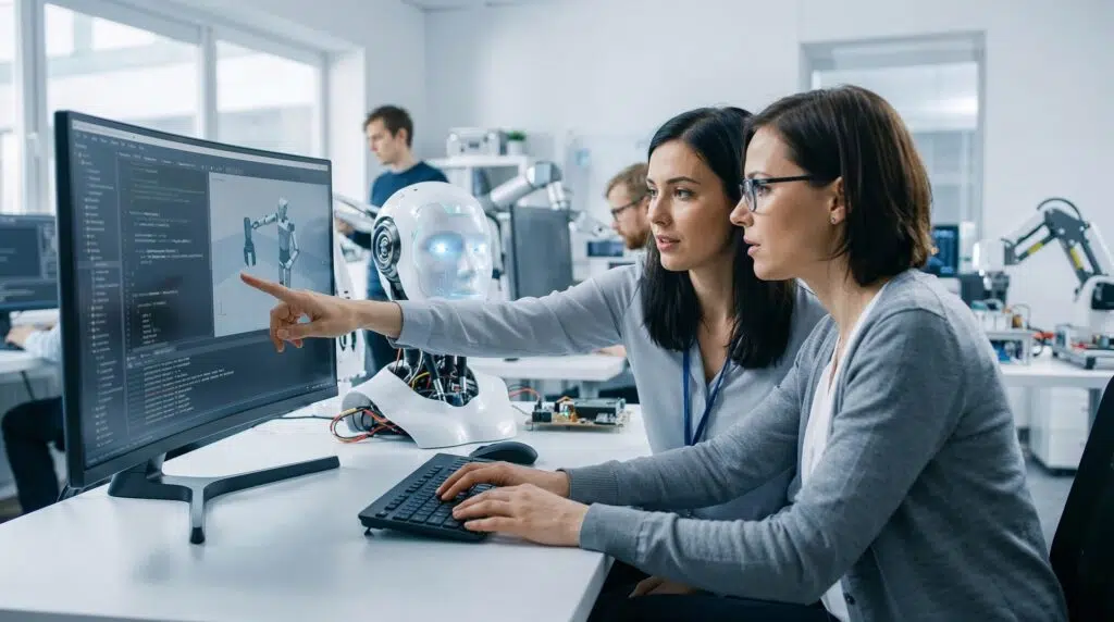 Two women collaborating in a modern technology laboratory. One woman points at a computer monitor showing code and a 3D robot model, while the other types on a keyboard. A white humanoid robot with glowing blue eyes sits on the desk beside them, with robotic arms and tech equipment visible in the background.