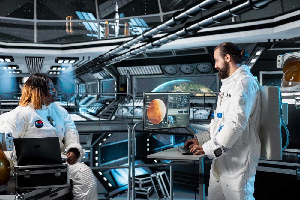 Two astronauts work inside a futuristic space station with metallic walls and large windows overlooking Earth. One astronaut sits at a workstation using a laptop, while the other stands at a screen displaying scientific data and an image of Mars. Charts and graphs glow on the monitor, creating a high‑tech research atmosphere.