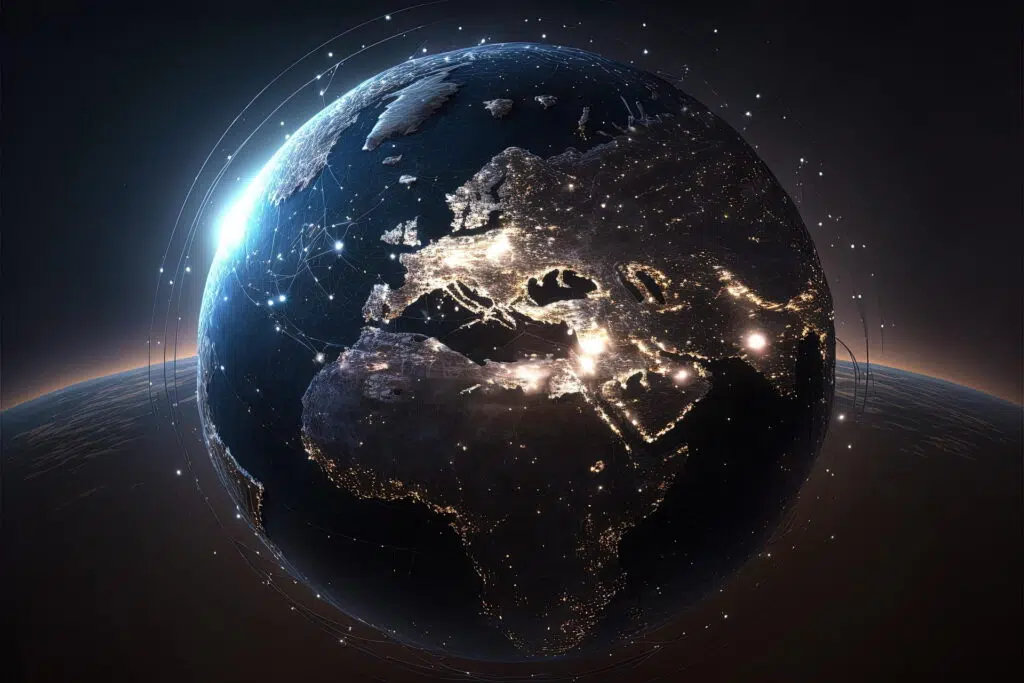 An image of planet Earth from space, surrounded by an interconnected digital data network and orbiting lines representing gloabal AI literacy and governance.