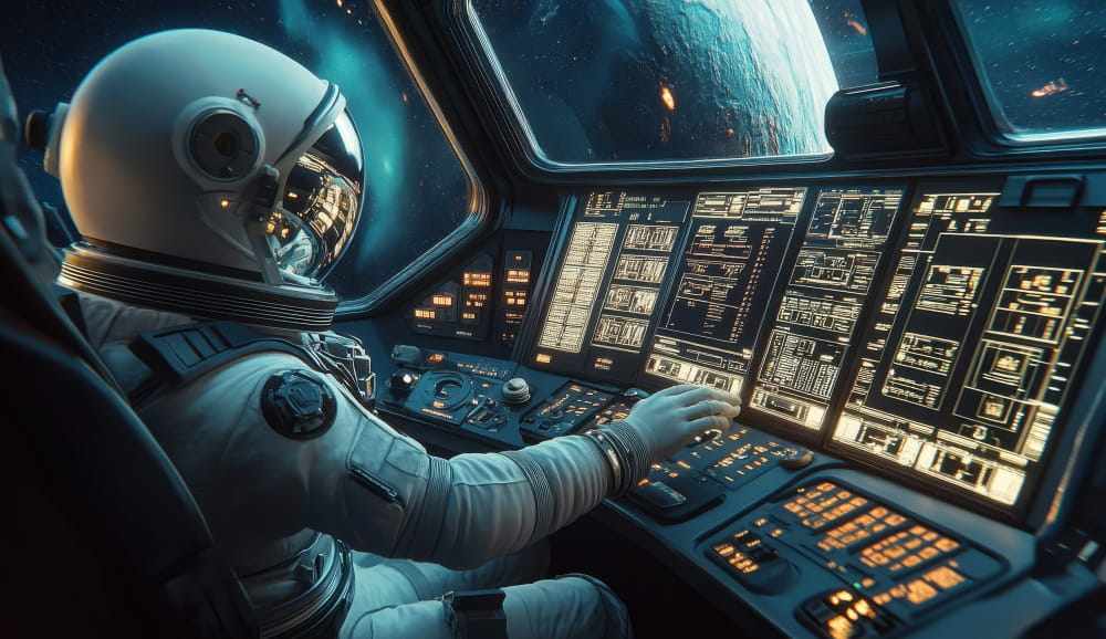An astronaut in a full spacesuit sits inside a spacecraft cockpit, surrounded by glowing control panels and digital displays showing complex data and system readouts. The astronaut reaches toward the controls with a gloved hand. Through the cockpit window, a large planet and distant stars are visible, creating a dramatic deep‑space setting.