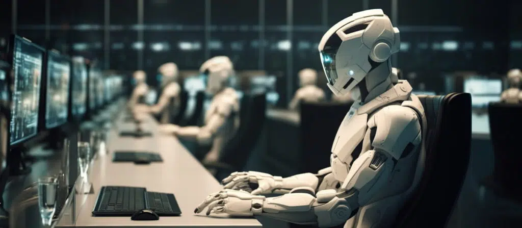 Rows of humanoid robots sit at computer workstations in a dim, high‑tech control room, each focused on screens displaying complex data, suggesting advanced automation and AI‑driven operations.