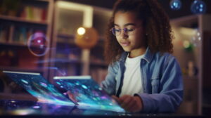 A young person with curly hair and glasses sits in a softly lit room, interacting with two glowing holographic screens. The screens display colourful cosmic visuals, creating a futuristic, augmented‑reality effect. Shelves and books are visible in the background, adding a warm, study‑like atmosphere.