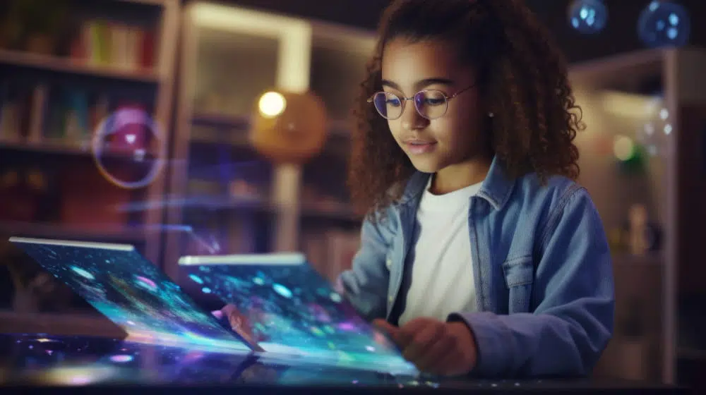 A young person with curly hair and glasses sits in a softly lit room, interacting with two glowing holographic screens. The screens display colourful cosmic visuals, creating a futuristic, augmented‑reality effect. Shelves and books are visible in the background, adding a warm, study‑like atmosphere.