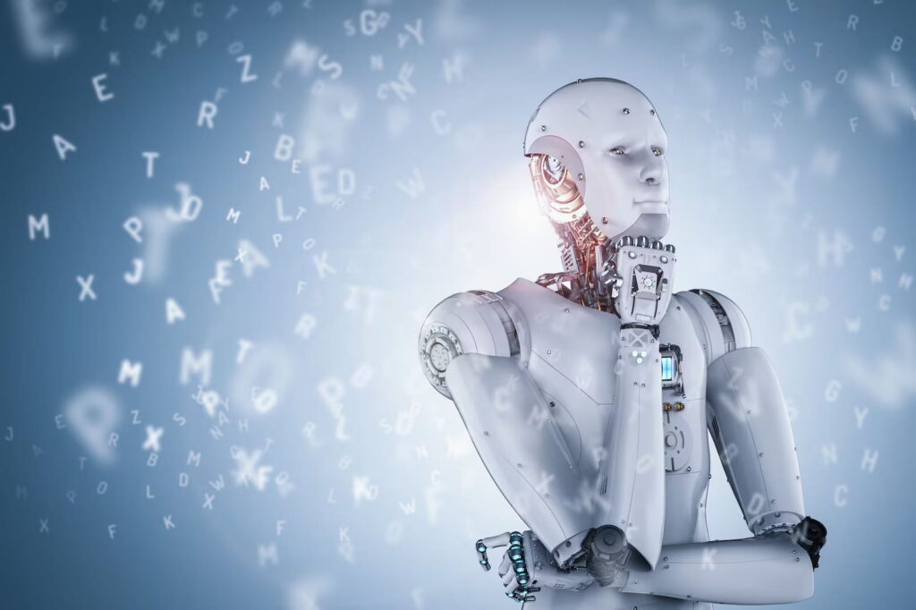 A metallic humanoid robot rests its chin on its hand in a thoughtful pose, surrounded by floating translucent letters against a blue gradient background, suggesting artificial intelligence and digital processing.