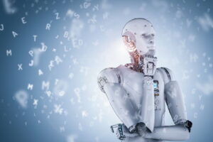 A metallic humanoid robot rests its chin on its hand in a thoughtful pose, surrounded by floating translucent letters against a blue gradient background, suggesting artificial intelligence and digital processing.