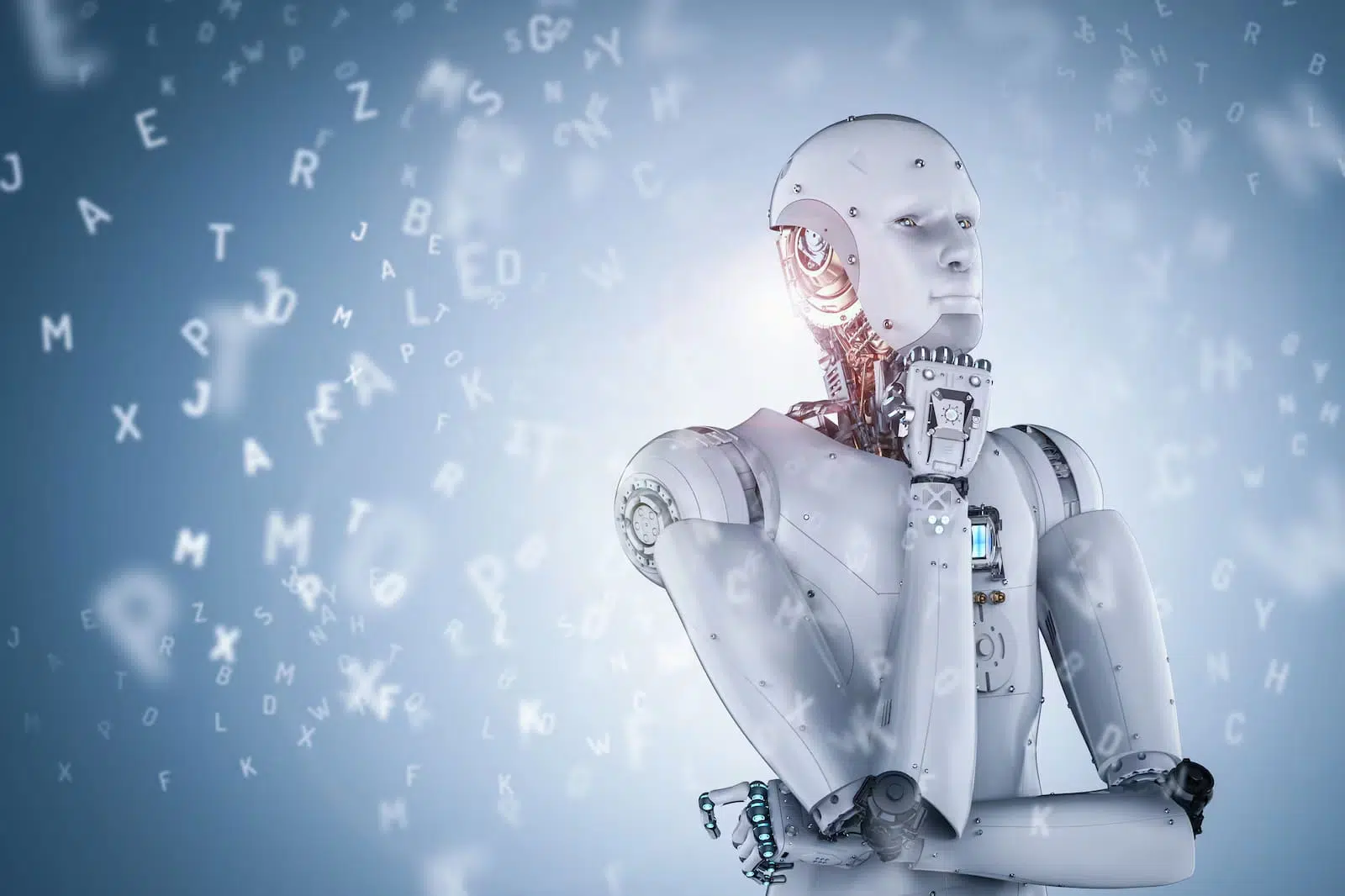 A metallic humanoid robot rests its chin on its hand in a thoughtful pose, surrounded by floating translucent letters against a blue gradient background, suggesting artificial intelligence and digital processing.