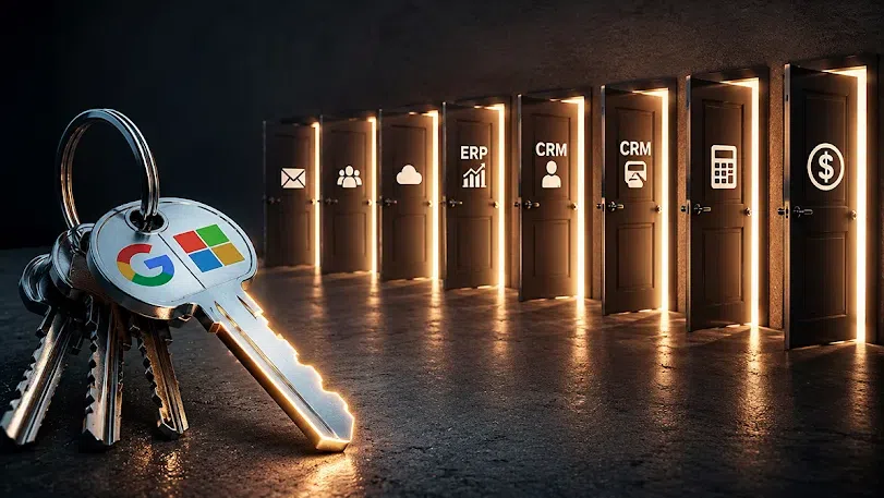 A set of keys lies in the foreground, with two keychains showing the Google and Microsoft logos. In the background, several dark doors stand slightly open, each glowing with warm light from behind. Above the doors are icons representing different digital or business systems, including email, collaboration, cloud services, ERP, CRM, finance, and payments. The image symbolises access to multiple digital platforms through shared credentials or integrations.