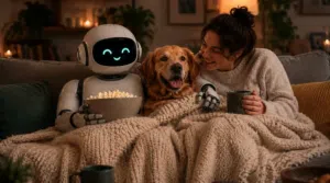 A humanoid robot with a friendly digital face sits on a couch holding a bowl of popcorn, next to a golden retriever and a person wrapped in a beige blanket holding a mug. The three share a warm, cosy living‑room setting with soft lighting, plants, and framed pictures in the background.
