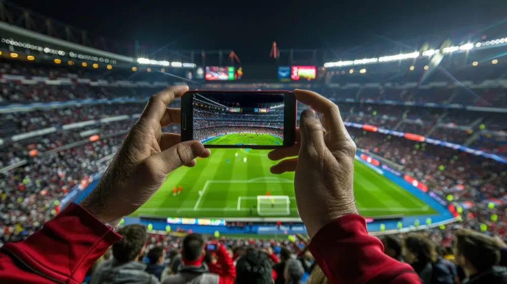 Person holding a smartphone to film a soccer match in a packed stadium at night.