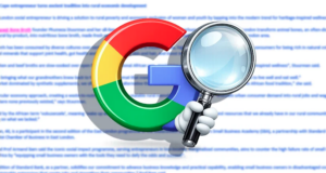 A large 3D Google “G” logo in red, yellow, green and blue holds a magnifying glass, symbolising online search. Behind it, blurred webpage text suggests search results or information being examined.