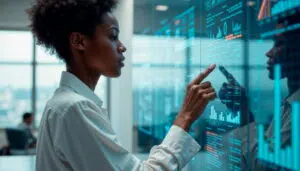 A person in a white shirt interacts with a large transparent digital display filled with data science visuals, including bar charts, line graphs, and numerical metrics in blue and red tones. The futuristic interface appears to float in front of them, suggesting advanced analytics and real‑time data insights. Another person is visible in the background of the modern office setting, reinforcing a collaborative, tech‑driven work environment.