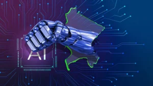 A metallic robotic arm and clenched fist emerge through the outline of the African continent, highlighted with a bright green border. The arm extends toward the viewer over a blue and purple background filled with electronic circuit patterns. To the left, the letters “AI” appear inside a stylized microchip graphic. The image uses blue, purple, and cyan tones to symbolize artificial intelligence, technology, and digital innovation in Africa.