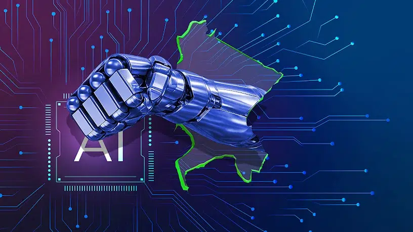 A metallic robotic arm and clenched fist emerge through the outline of the African continent, highlighted with a bright green border. The arm extends toward the viewer over a blue and purple background filled with electronic circuit patterns. To the left, the letters “AI” appear inside a stylized microchip graphic. The image uses blue, purple, and cyan tones to symbolize artificial intelligence, technology, and digital innovation in Africa.