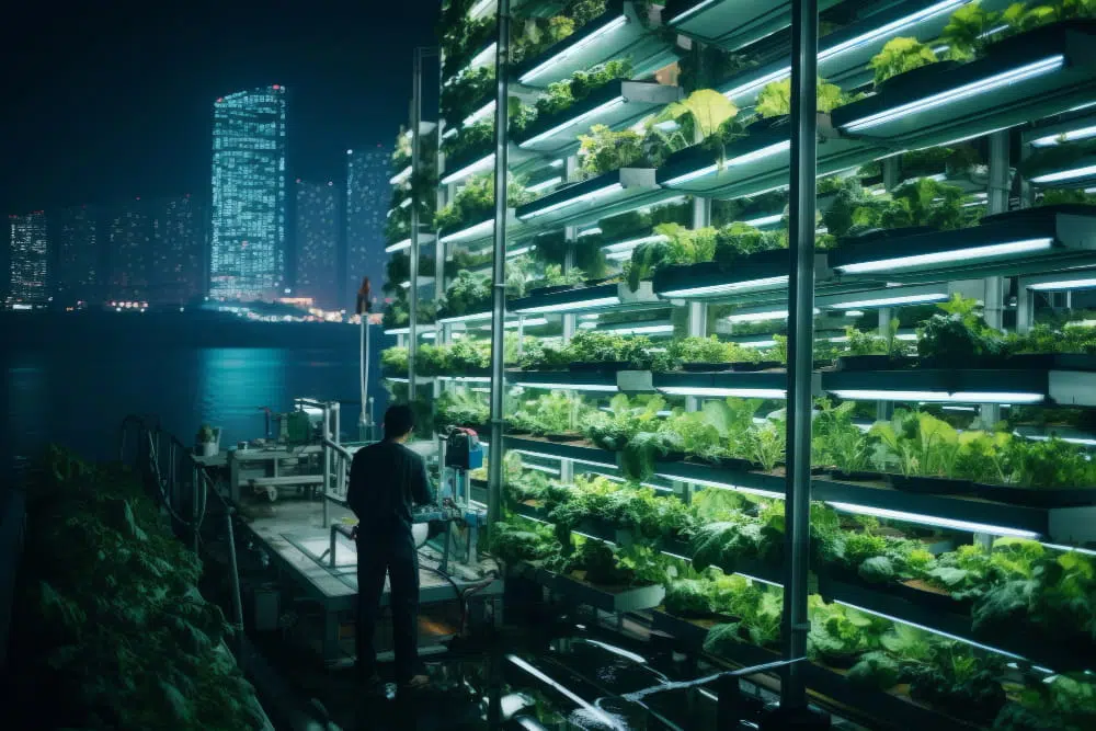 Vertical farming facility with multiple illuminated tiers of leafy green crops growing in stacked indoor systems, overlooking a waterfront city skyline at night. A person stands near monitoring equipment beside the growing racks, highlighting the use of technology and controlled-environment agriculture.