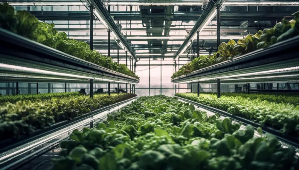 Modern indoor vertical farming facility with rows of leafy green crops grown on multi-level shelves under controlled lighting in a large greenhouse environment.