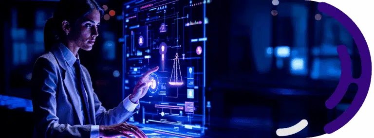 Person using an interactive digital technology interface with holographic-style data visualisations displayed on a transparent screen. The blue and purple illuminated dashboard shows charts, icons, analytics elements, and a scales-of-justice symbol, suggesting technology, data analysis, cybersecurity, artificial intelligence, or digital governance. The scene is set in a modern, low-light environment with futuristic visual effects and Belgium Campus brand-inspired purple graphic accents along the right edge of the image.