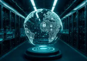 Cybersecurity concept showing a glowing digital globe with security lock icons inside a server room, symbolising network security, data protection, cyber defence and global information security.