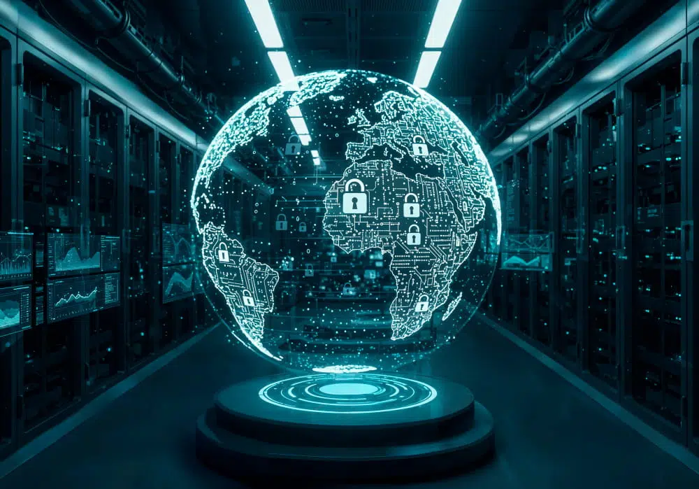 Cybersecurity concept showing a glowing digital globe with security lock icons inside a server room, symbolising network security, data protection, cyber defence and global information security.