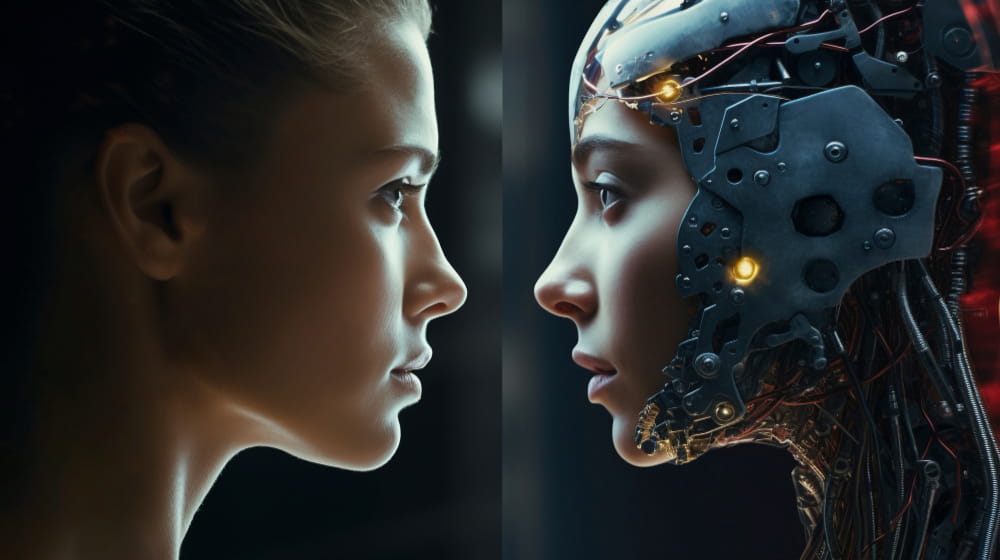 Human and AI robot face-to-face, illustrating the connection and differences between artificial intelligence, machine learning and human intelligence.